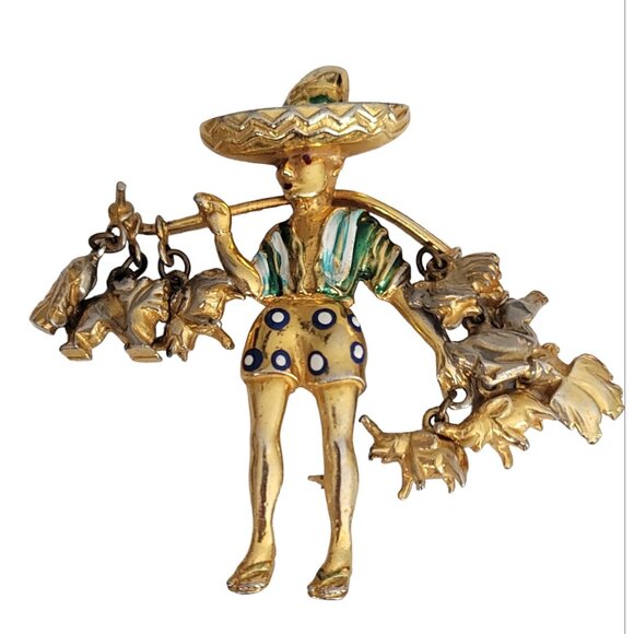 Rice Weiner 1940’s Asian Farmer Carrier Man Animal Charm Brooch K593 - Picture 5 of 10